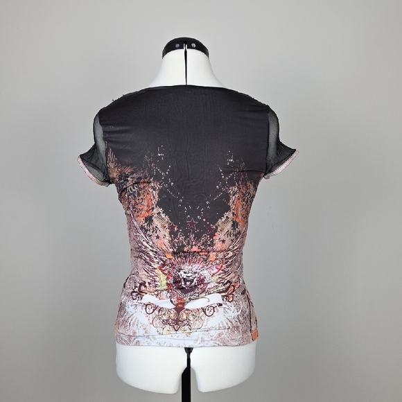 NESS Embellished Graphic Top – Gothic lion Print with Mesh & Sequins – Size S - Picture 7 of 13